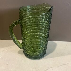 Vintage Anchor Hocking Soreno Water Pitcher Green Ribbed Glass Mid Century